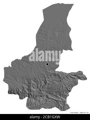 Shape of Faryab, province of Afghanistan, with its capital isolated on white background. Bilevel elevation map. 3D rendering Stock Photo