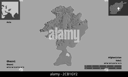 Shape of Ghazni, province of Afghanistan, and its capital. Distance scale, previews and labels. Bilevel elevation map. 3D rendering Stock Photo