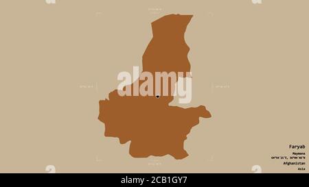 Area of Faryab, province of Afghanistan, isolated on a solid background in a georeferenced bounding box. Labels. Composition of patterned textures. 3D Stock Photo