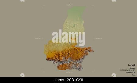 Area of Faryab, province of Afghanistan, isolated on a solid background in a georeferenced bounding box. Labels. Topographic relief map. 3D rendering Stock Photo