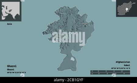 Shape of Ghazni, province of Afghanistan, and its capital. Distance scale, previews and labels. Colored elevation map. 3D rendering Stock Photo