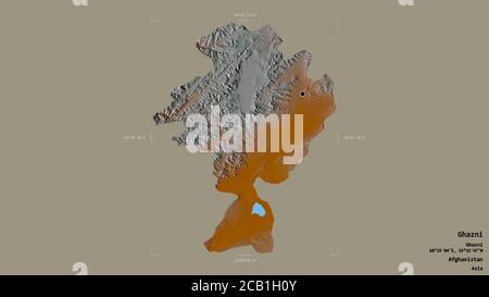 Area of Ghazni, province of Afghanistan, isolated on a solid background in a georeferenced bounding box. Labels. Topographic relief map. 3D rendering Stock Photo