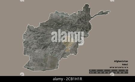Desaturated shape of Afghanistan with its capital, main regional division and the separated Ghazni area. Labels. Satellite imagery. 3D rendering Stock Photo