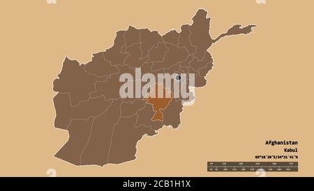 Desaturated shape of Afghanistan with its capital, main regional division and the separated Ghazni area. Labels. Composition of patterned textures. 3D Stock Photo