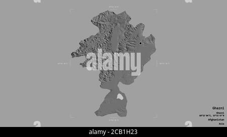 Area of Ghazni, province of Afghanistan, isolated on a solid background in a georeferenced bounding box. Labels. Bilevel elevation map. 3D rendering Stock Photo