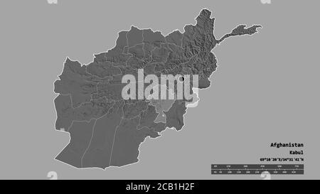 Desaturated shape of Afghanistan with its capital, main regional division and the separated Ghazni area. Labels. Bilevel elevation map. 3D rendering Stock Photo