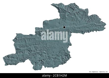 Shape of Ghor, province of Afghanistan, with its capital isolated on white background. Colored elevation map. 3D rendering Stock Photo