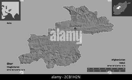 Shape of Ghor, province of Afghanistan, and its capital. Distance scale, previews and labels. Bilevel elevation map. 3D rendering Stock Photo