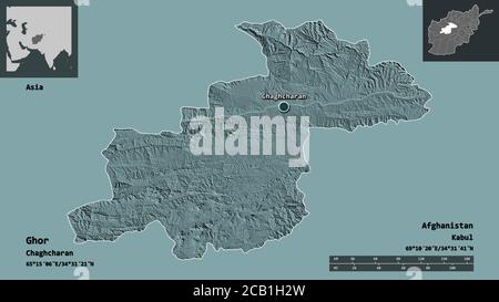 Shape of Ghor, province of Afghanistan, and its capital. Distance scale, previews and labels. Colored elevation map. 3D rendering Stock Photo