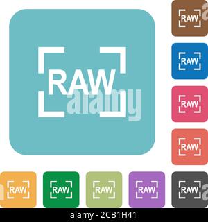 Camera raw image mode white flat icons on color rounded square backgrounds Stock Vector