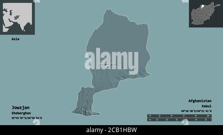 Shape of Jowzjan, province of Afghanistan, and its capital. Distance scale, previews and labels. Colored elevation map. 3D rendering Stock Photo