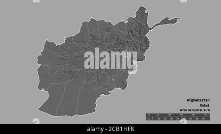 Desaturated shape of Afghanistan with its capital, main regional division and the separated Kabul area. Labels. Bilevel elevation map. 3D rendering Stock Photo