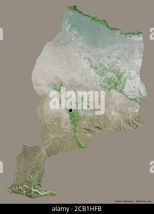 Shape of Jowzjan, province of Afghanistan, with its capital isolated on a solid color background. Satellite imagery. 3D rendering Stock Photo