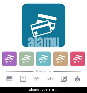 Credit cards white flat icons on color rounded square backgrounds. 6 bonus icons included Stock Vector