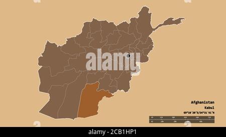Desaturated shape of Afghanistan with its capital, main regional division and the separated Kandahar area. Labels. Composition of patterned textures. Stock Photo