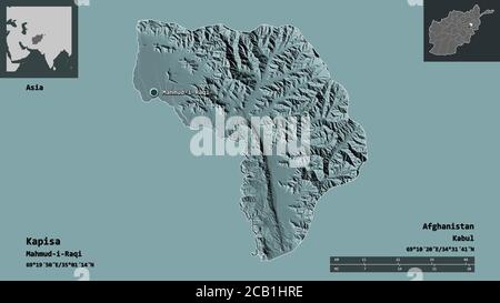 Shape of Kapisa, province of Afghanistan, and its capital. Distance scale, previews and labels. Colored elevation map. 3D rendering Stock Photo