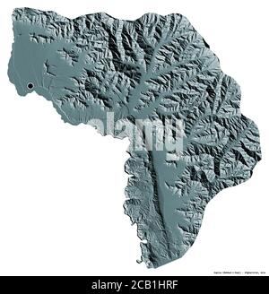 Shape of Kapisa, province of Afghanistan, with its capital isolated on white background. Colored elevation map. 3D rendering Stock Photo