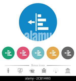 Decrease left indentation of content flat white icons on round color backgrounds. 6 bonus icons included. Stock Vector