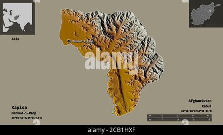 Shape of Kapisa, province of Afghanistan, and its capital. Distance scale, previews and labels. Topographic relief map. 3D rendering Stock Photo