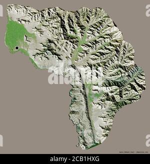 Shape of Kapisa, province of Afghanistan, with its capital isolated on a solid color background. Satellite imagery. 3D rendering Stock Photo