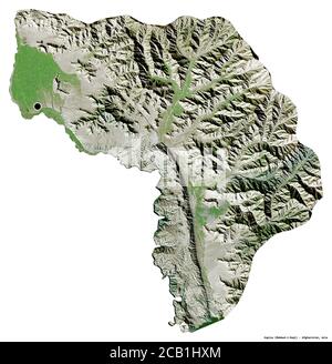 Shape of Kapisa, province of Afghanistan, with its capital isolated on white background. Satellite imagery. 3D rendering Stock Photo