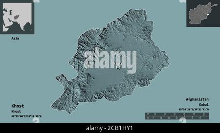 Shape of Khost, province of Afghanistan, and its capital. Distance scale, previews and labels. Colored elevation map. 3D rendering Stock Photo