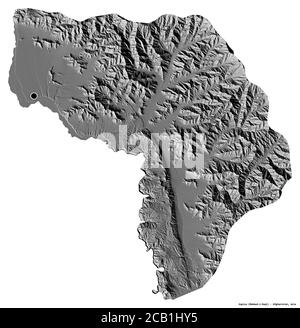 Shape of Kapisa, province of Afghanistan, with its capital isolated on white background. Bilevel elevation map. 3D rendering Stock Photo