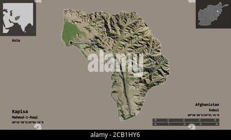 Shape of Kapisa, province of Afghanistan, and its capital. Distance scale, previews and labels. Satellite imagery. 3D rendering Stock Photo