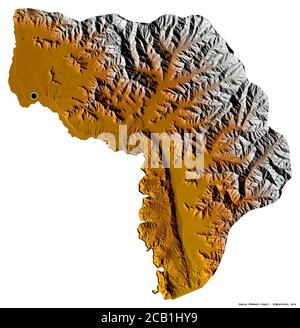 Shape of Kapisa, province of Afghanistan, with its capital isolated on white background. Topographic relief map. 3D rendering Stock Photo