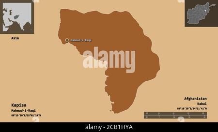 Shape of Kapisa, province of Afghanistan, and its capital. Distance scale, previews and labels. Composition of patterned textures. 3D rendering Stock Photo