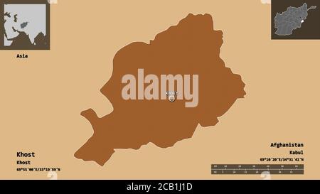 Shape of Khost, province of Afghanistan, and its capital. Distance scale, previews and labels. Composition of patterned textures. 3D rendering Stock Photo
