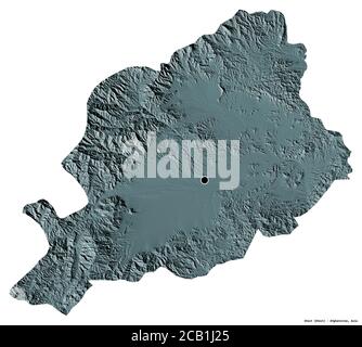 Shape of Khost, province of Afghanistan, with its capital isolated on white background. Colored elevation map. 3D rendering Stock Photo