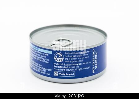 Irvine, Scotland, UK - March 08, 2020: Princes branded Tuna Chunks in sunflower oil recycling and ‘Safe’ fishing symbols displayed at edge of label. C Stock Photo