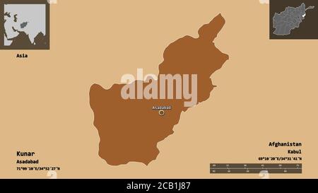 Shape of Kunar, province of Afghanistan, and its capital. Distance scale, previews and labels. Composition of patterned textures. 3D rendering Stock Photo