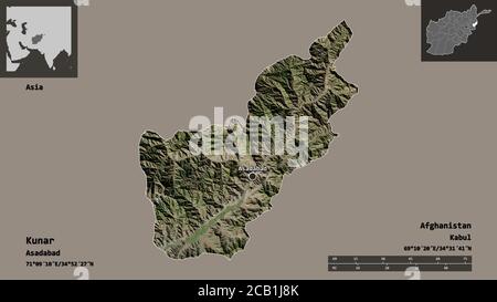 Shape of Kunar, province of Afghanistan, and its capital. Distance scale, previews and labels. Satellite imagery. 3D rendering Stock Photo