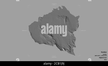 Area of Kunduz, province of Afghanistan, isolated on a solid background in a georeferenced bounding box. Labels. Bilevel elevation map. 3D rendering Stock Photo