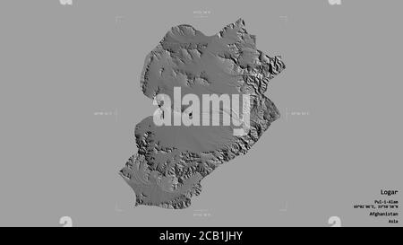 Area of Logar, province of Afghanistan, isolated on a solid background in a georeferenced bounding box. Labels. Bilevel elevation map. 3D rendering Stock Photo