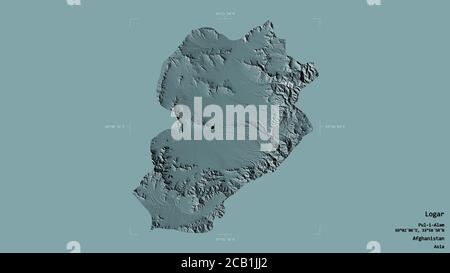 Area of Logar, province of Afghanistan, isolated on a solid background in a georeferenced bounding box. Labels. Colored elevation map. 3D rendering Stock Photo