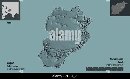 Shape of Logar, province of Afghanistan, and its capital. Distance scale, previews and labels. Colored elevation map. 3D rendering Stock Photo