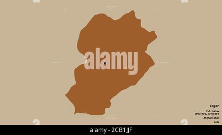 Area of Logar, province of Afghanistan, isolated on a solid background in a georeferenced bounding box. Labels. Composition of patterned textures. 3D Stock Photo