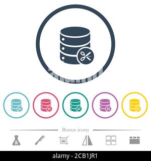 Database cut flat color icons in round outlines. 6 bonus icons included. Stock Vector