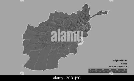 Desaturated shape of Afghanistan with its capital, main regional division and the separated Nuristan area. Labels. Bilevel elevation map. 3D rendering Stock Photo