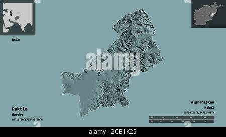 Shape of Paktia, province of Afghanistan, and its capital. Distance scale, previews and labels. Colored elevation map. 3D rendering Stock Photo