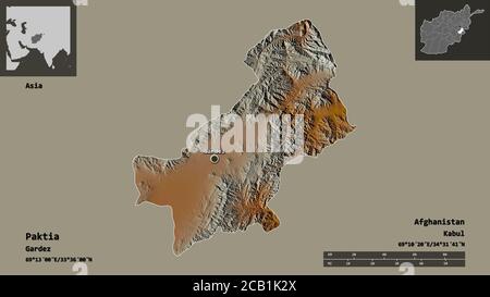Shape of Paktia, province of Afghanistan, and its capital. Distance scale, previews and labels. Topographic relief map. 3D rendering Stock Photo