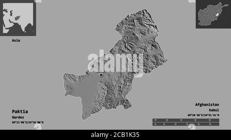 Shape of Paktia, province of Afghanistan, and its capital. Distance scale, previews and labels. Bilevel elevation map. 3D rendering Stock Photo