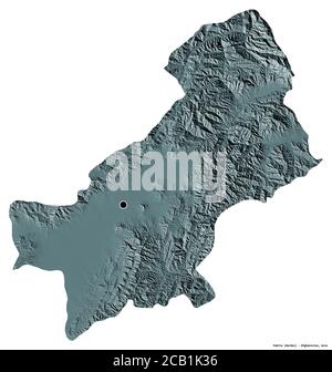 Shape of Paktia, province of Afghanistan, with its capital isolated on white background. Colored elevation map. 3D rendering Stock Photo
