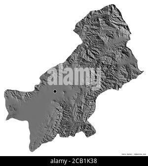 Shape of Paktia, province of Afghanistan, with its capital isolated on white background. Bilevel elevation map. 3D rendering Stock Photo