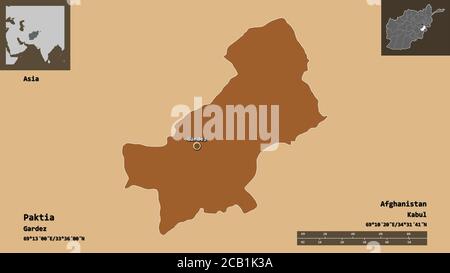 Shape of Paktia, province of Afghanistan, and its capital. Distance scale, previews and labels. Composition of patterned textures. 3D rendering Stock Photo