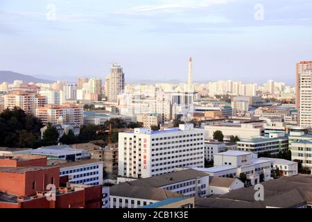 Pyongyang, North Korea - 14 September, 2017:  Aerial view of capital city of the DPRK. Residential neighborhoods and Tower of the Juche Idea Stock Photo