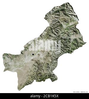 Shape of Paktia, province of Afghanistan, with its capital isolated on white background. Satellite imagery. 3D rendering Stock Photo